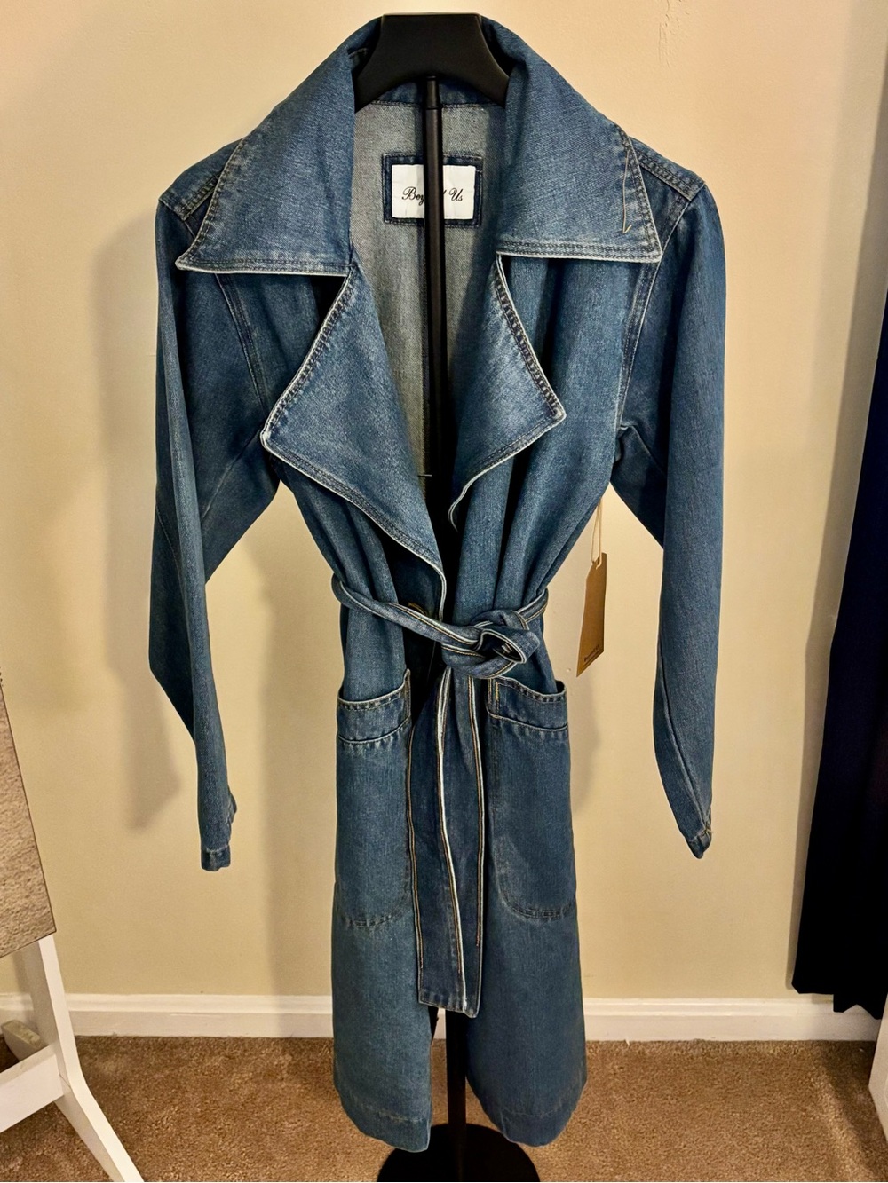 Vintage-Inspired Blue Denim Trench Coat with Belt